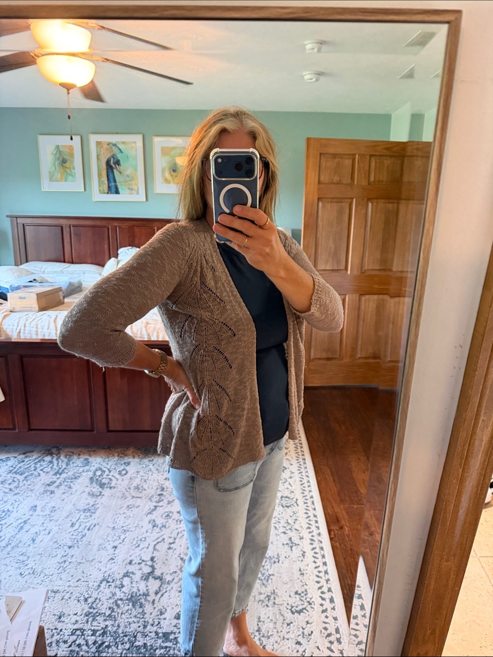 Elle Open-Front Taupe Knit Cardigan